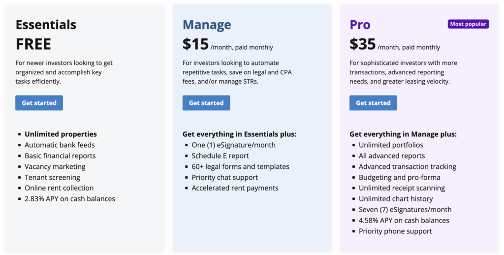 A comparison chart showing three Stessa subscription plans for a service—Essentials (Free), Manage ($15/month), and Pro ($35/month). Each plan lists features; more advanced plans include additional benefits. Each section has a "Get started" button. The Pro plan is marked "Most popular.